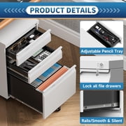 Locking File Cabinet 3 Drawers On Wheels Under Desk, Metal Filing Cabinets For Home Office, A4, Letter-Size Files, Hanging File Folders- Assembly Required(White)