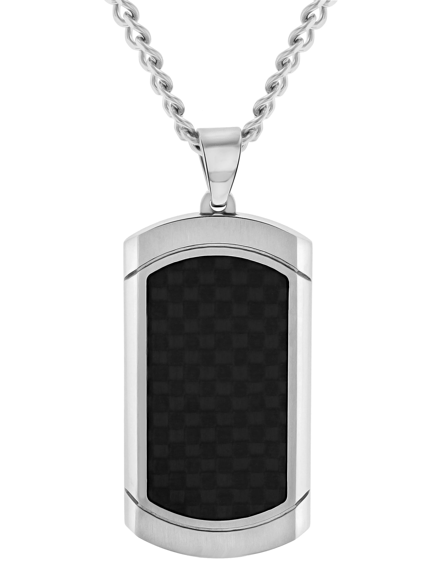 Jewelry Pilot Stainless Steel Brushed & Polished Black Rubber Border Dog Tag Pendant Necklace