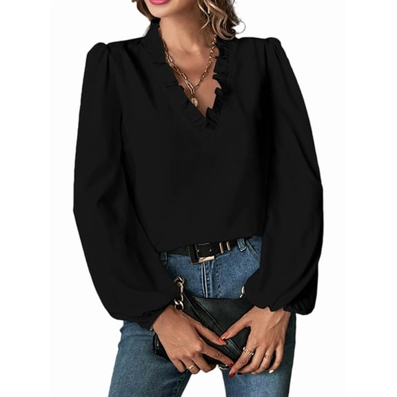 Women Long Lantern Sleeve Blouse Tops V Neck Shirts Loose Blouses Black L