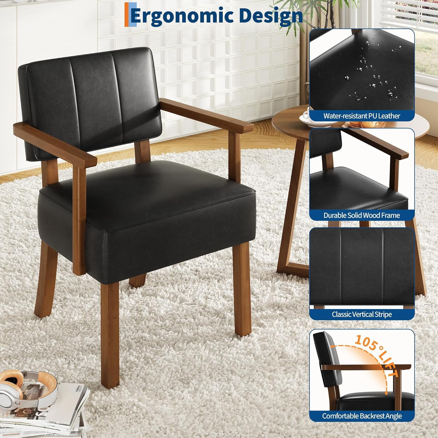 Set of 2 Mid Century Modern Accent Chairs, Black Faux Leather Armchairs with Vertical Tufted Back, Upholstered Lounge Chair Set with Wood Frame for Living Room & Bedroom