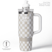 Cirkul 30oz Travel StrawSip Double-Wall Insulated Stainless Steel Tumbler with Handle, Taupe Tartan (Tan & White Checkerboard)