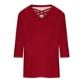 thumbnail image 4 of tklpehg Fall Shirts for Women 2025 V-Neck Mid-length Tops Leisure 3/4 Sleeve Tops Going Out Tops Fall Clothes Comfortable Solid Color Womens Clothes Blouses Pullover Red XXL, 4 of 5