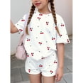 thumbnail image 4 of CCRFTGI Summer Clothes for Child Girls Size 10-12 Two Piece Outfits Cute Preppy Clothing Sets Casual Cherry Print Short Sleeve T Shirts Top and Shorts Sport Lounge Set White 7-8 Years, 4 of 6