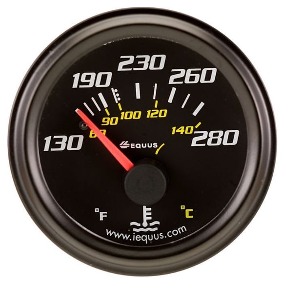 Equus Gauges Gauge Water Temperature E6232 6000 Series; 2-1/16 Inch; Short Sweep Mechanical; Analog; 130-280 Degrees F; Black Face/Black Bezel/Orange Needle; Back-Lit Illumination