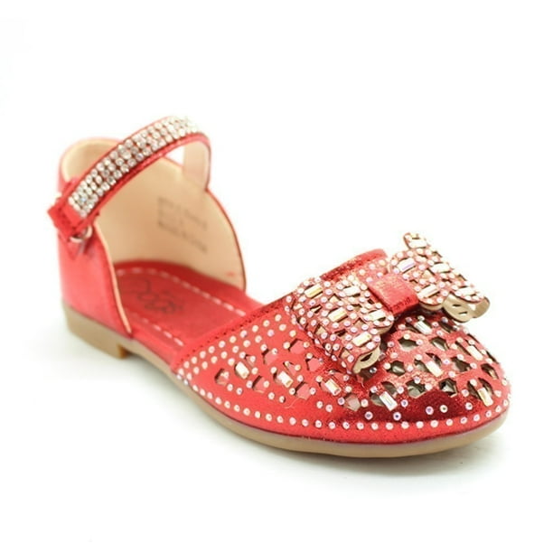 Bee Happy Little Girls Red Glitter Bow Rhinestone Strap Dress Shoes