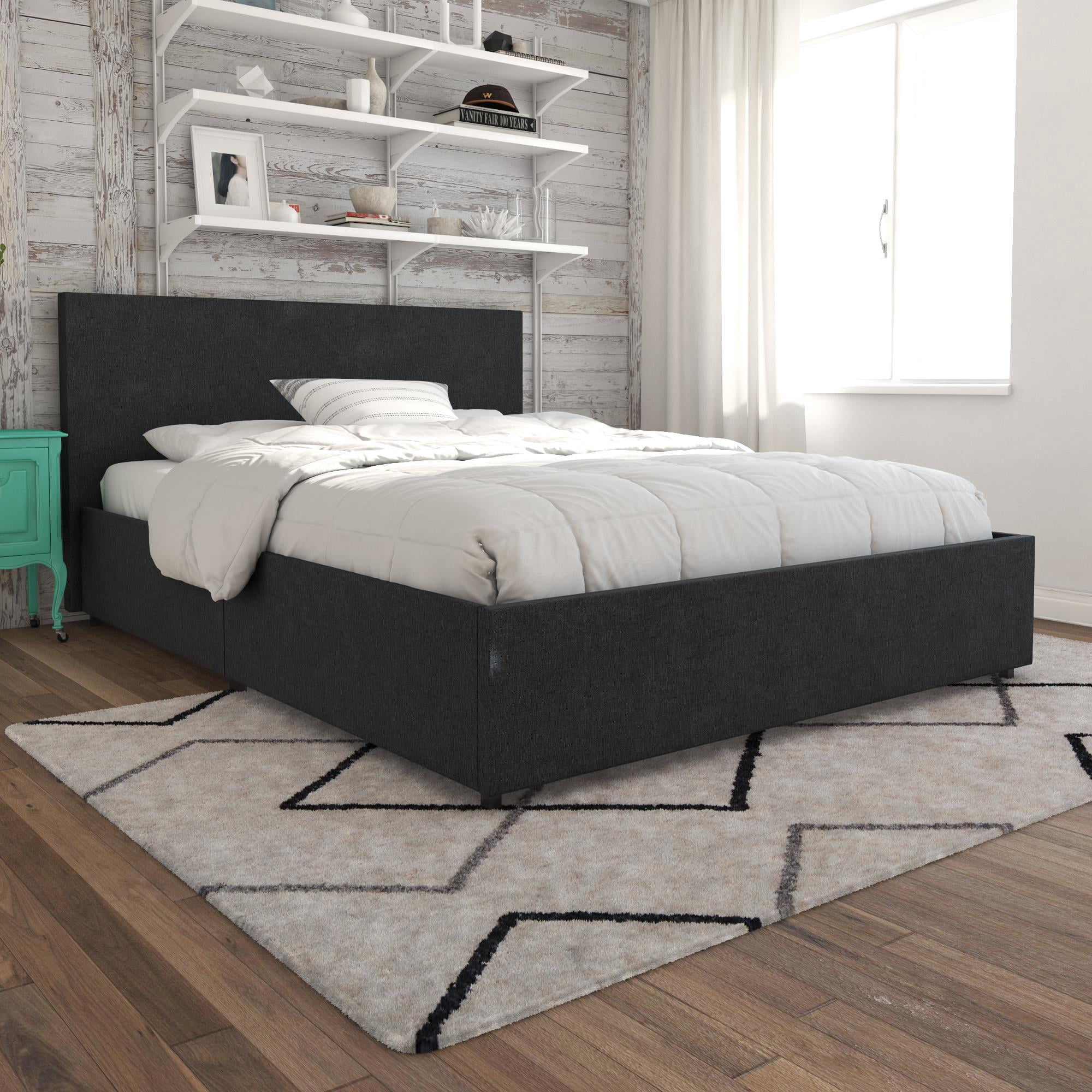 Novogratz Kelly Upholstered Storage Bed Frame, Queen, Dark Grey Linen