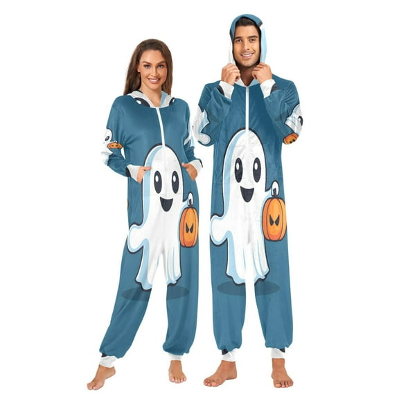 Background Halloween Ghost Adult onesie Pajamas, Crystal Velvet Ultra Soft Warm Jumpsuit for Men and Women