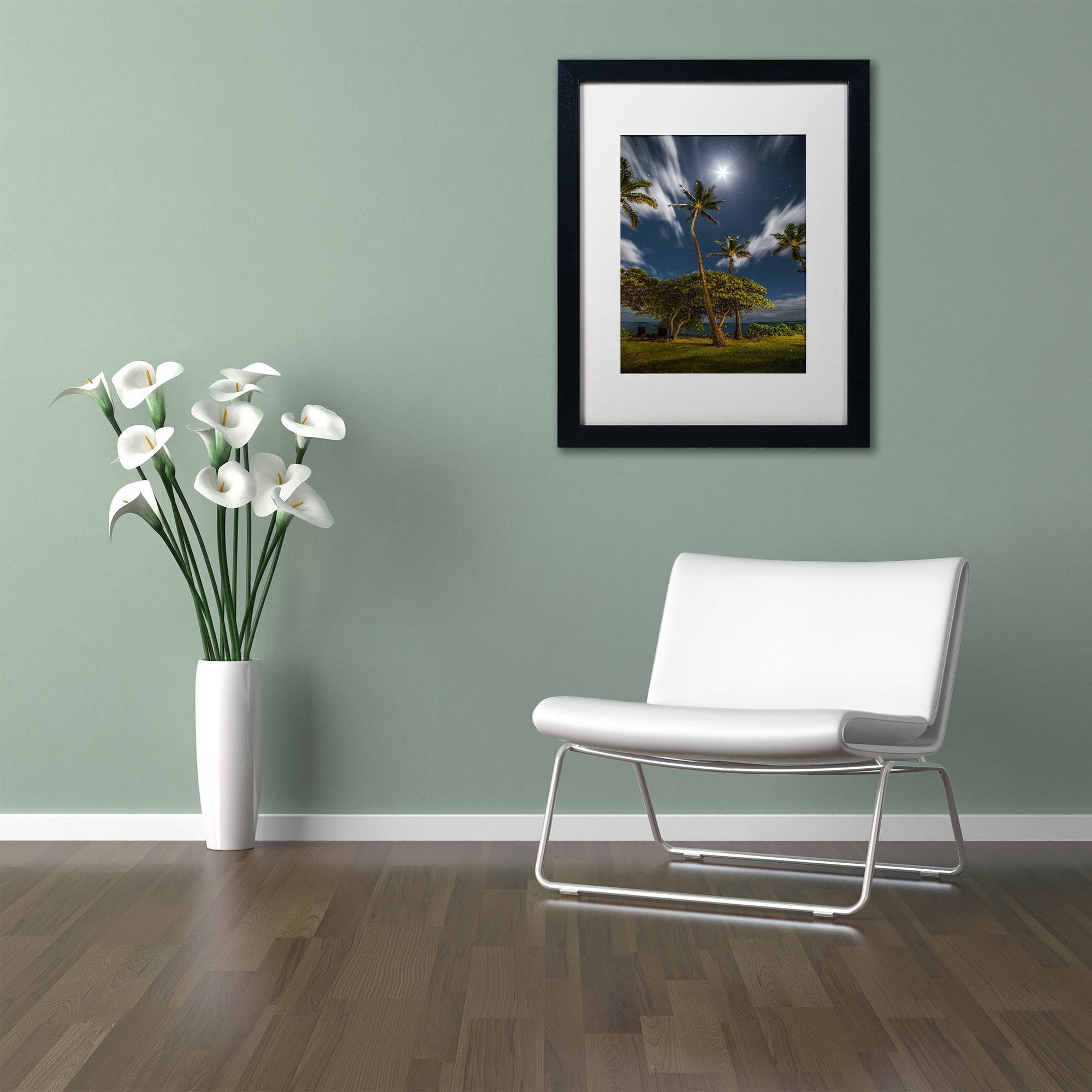 Trademark Fine Art 'Moonlit Palm Trees' Canvas Art by Pierre Leclerc, White Matte, Black Frame