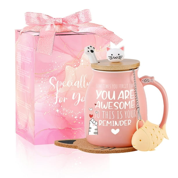 Taza de café BigNoseDeer Cat, 380 ml, cerámica, color rosa, set de regalo