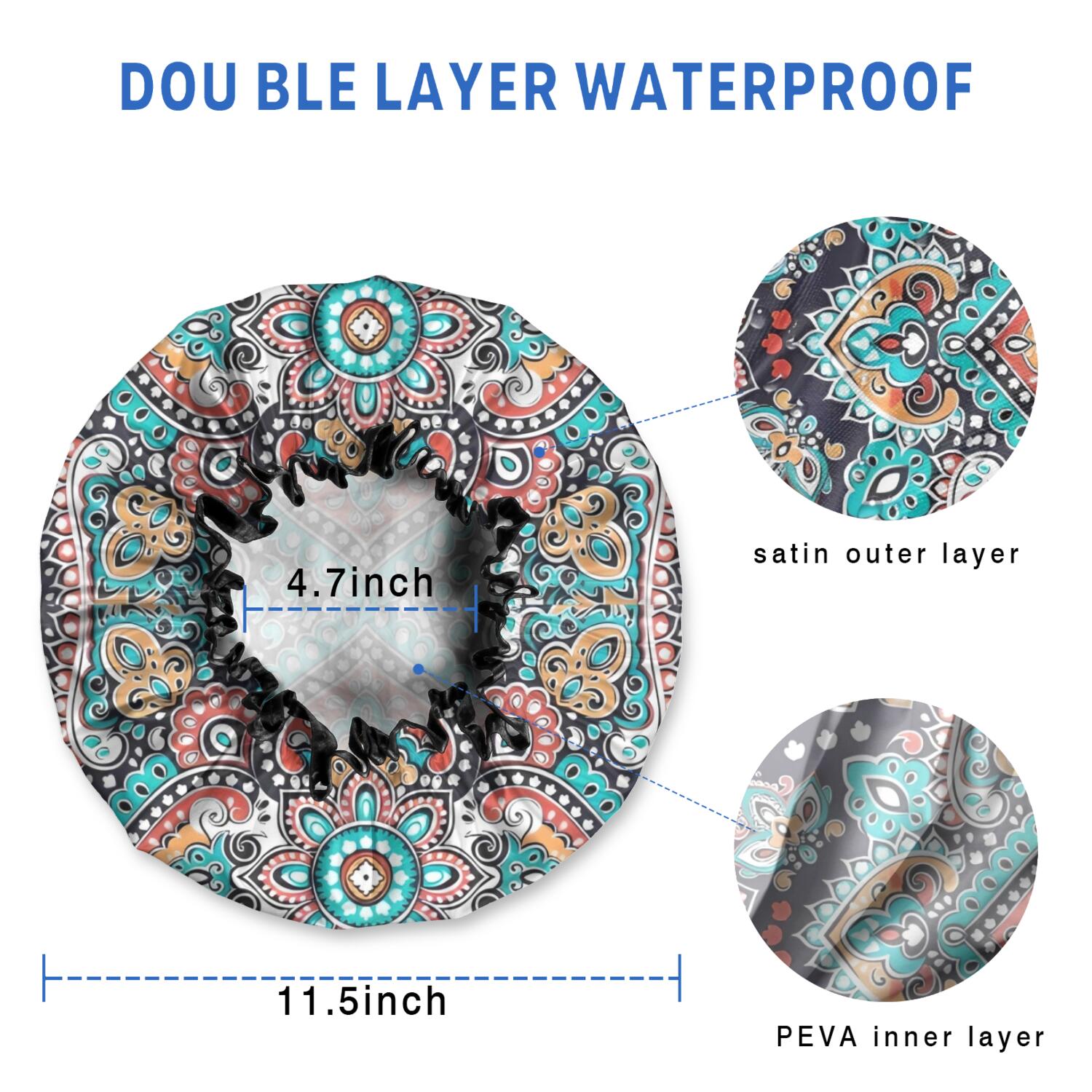 Shower Caps,Multicolor Ethnic Paisley Pattern Waterproof Shower Cap for Women 4 Pieces,Double Reusable Hair Cover for Shower PEVA Elastic Stretch Hem