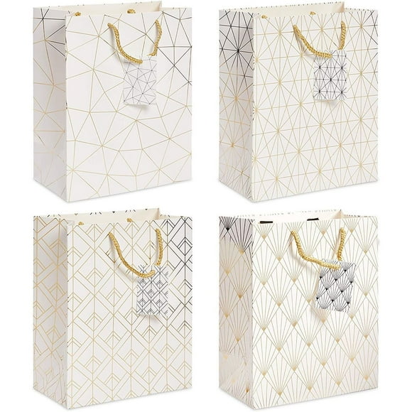 Lot de 15 Sacs Cadeaux en Papier Blanc et Or Moyen avec Poignées pour Fête d'Anniversaire, 4 Motifs Géométriques