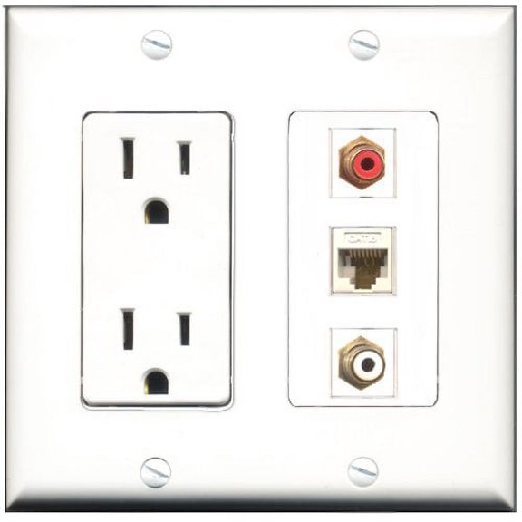 RiteAV - 15 Amp Power Outlet 1 Port RCA Red 1 Port RCA White 1 Port Cat6 Ethernet Ethernet White Decorative Wall Plate