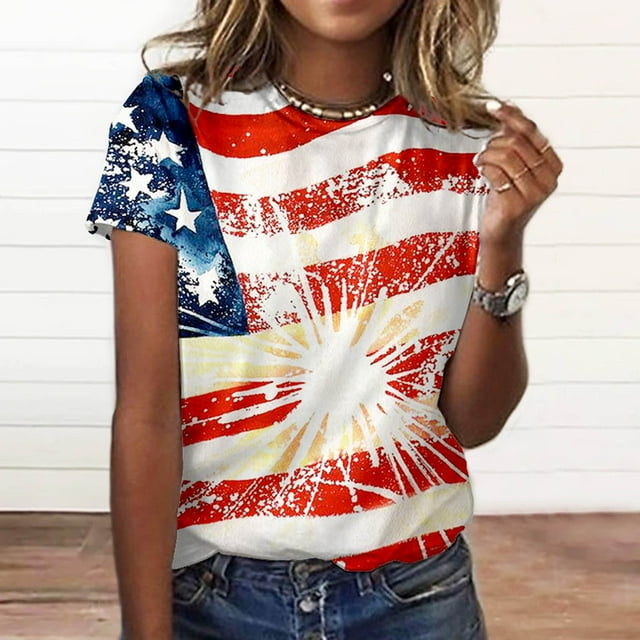 Lenago Hauts d'Été Grande Taille Printemps pour Femmes Mode T-shirt Décontracté à Manches Courtes Col Rond Imprimé Blouse Tenues du 4 Juillet pour Femmes