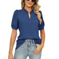 thumbnail image 2 of TSADFHJI Woman Tops Plus Size Summer V Neck Pullover Solid Color Pleated Puff Sleeve Design T Shirt L Navy, 2 of 7