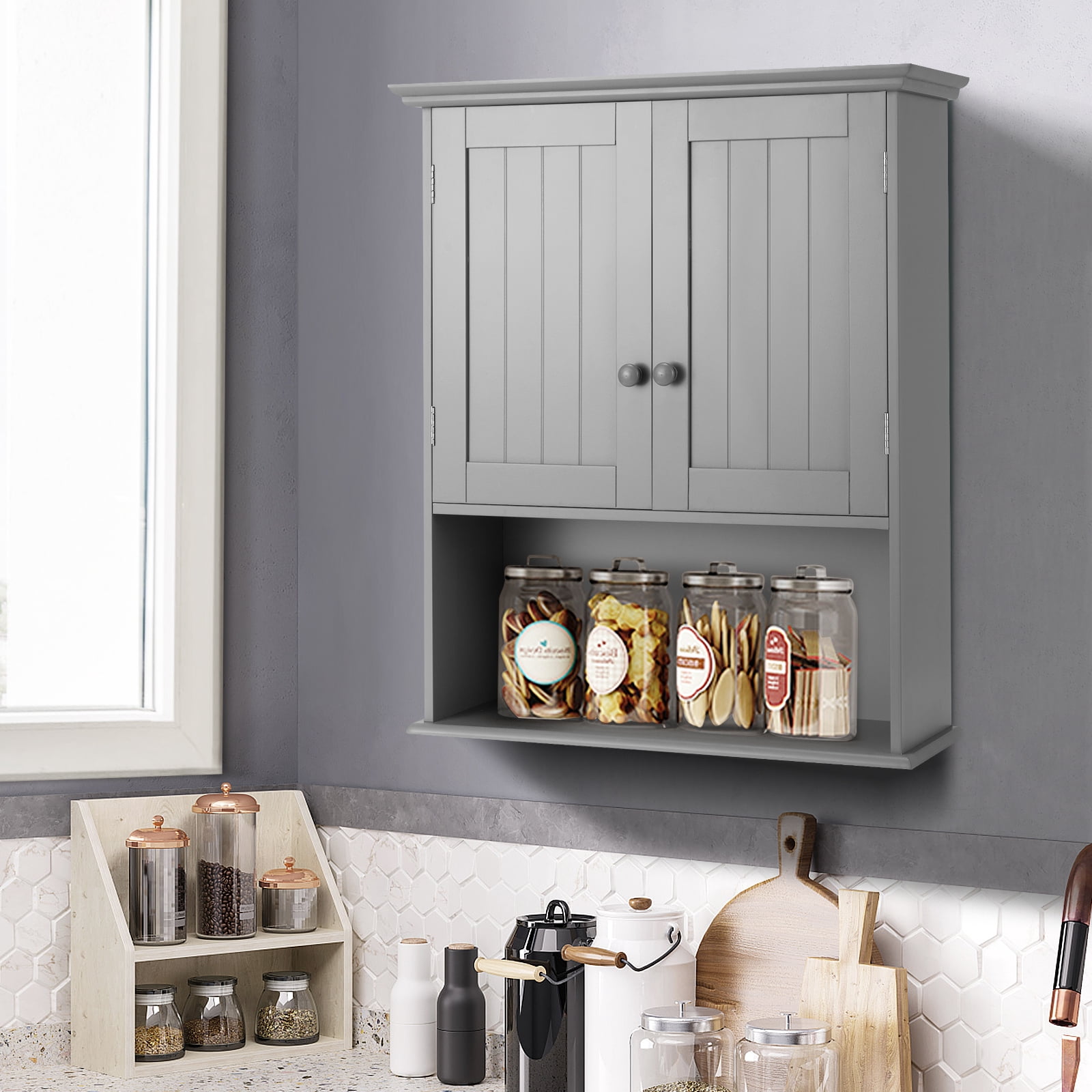Topbuy Wall Mounted Bathroom Cabinet Medicine Cabinet Storage Organizer with 2 Doors & Adjustable Shelf Grey