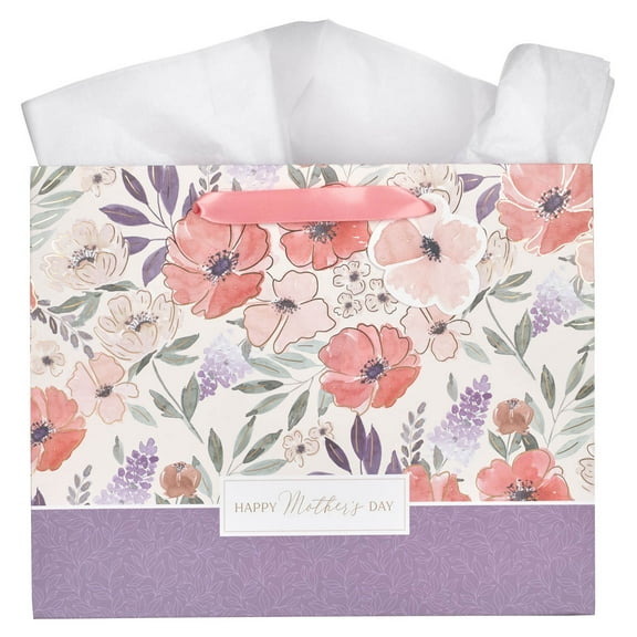 With Love Happy Mothers Day - Gift Bags with Handles, Mothers Day Gifts, Gift Tag & Tissue Paper Included, Large Gift Bag, Party Supplies, Purple & Pink Florals (10" x 12.5" x 3.9")