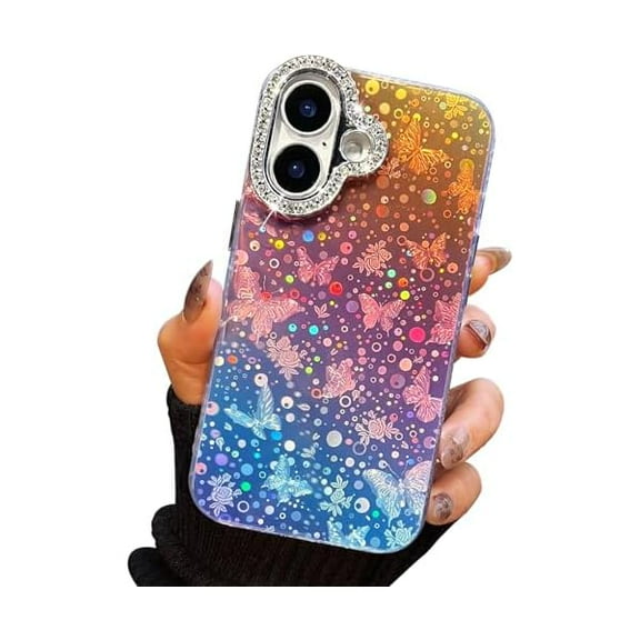 FU1999 Compact Case for iPhone 16 Butterfly Design,3D Diamond Camera Lens Protection Frame,Cute Soft Slim TPU Shockproof Protective Phone Cases Cover for Women Girls Gradient Iridescent