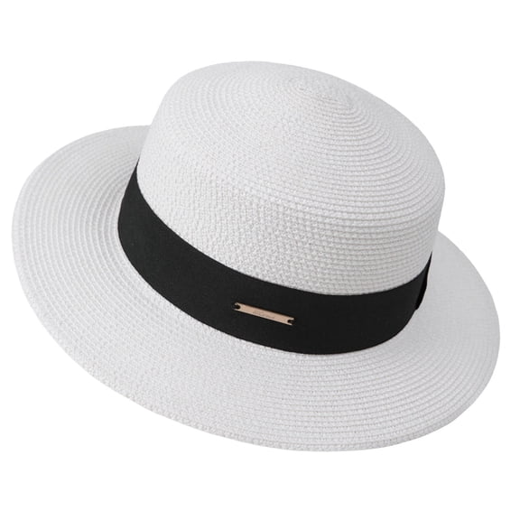 Womens Beach Straw Sun Hat Summer Classic Boater Sun Hat Panama Short Brim Fedora for Party Travel