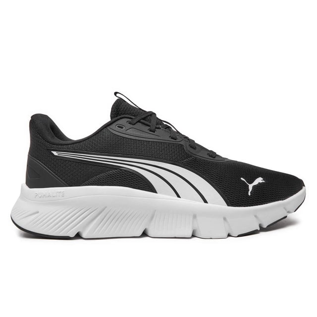 tenis puma flexfocus lite modern para hombre 310093-01 negro 26 vista lateral derecha; tenis para correr con malla superior negra texturizada, cierre de cordones, franja curva blanca y logo PUMA blanco, entresuela blanca con PUMALITE y suela de goma dividida con ranuras para carretera. También suele usarse para entrenamiento ligero.