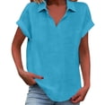 thumbnail image 2 of LNWUY Short Sleeve Shirts for Women Linen V Neck Solid Color Loose Collared Shirt Casual Summer Tops Beach Blouse Blue L, 2 of 6