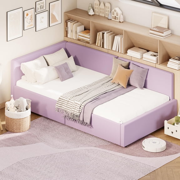 Amkui 76 in Velvet Upholstered Corner Daybed Frame with Headboard & Rails, Kids/Guest Room Twin Bed, Soft Padded Support - Twin - Purple