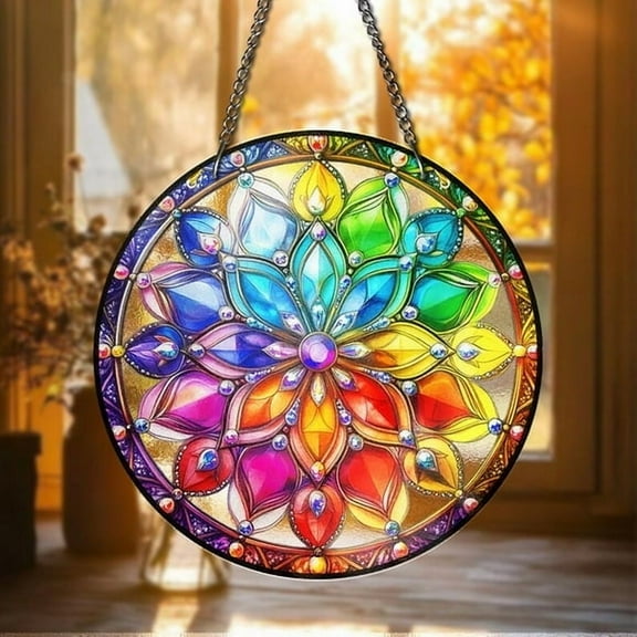 Mandala Stained Glass Suncatcher Colorful Window Hanging Decor Chakra Lotus Sun Catcher Boho Spiritual Gift Home Decor Gifts