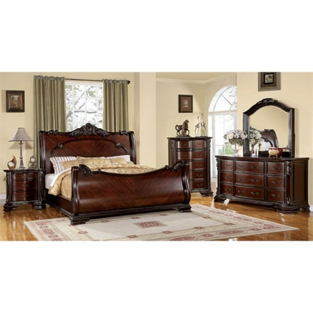 Furniture of America Heffen 4 Piece King Bedroom Set in Brown Cherry