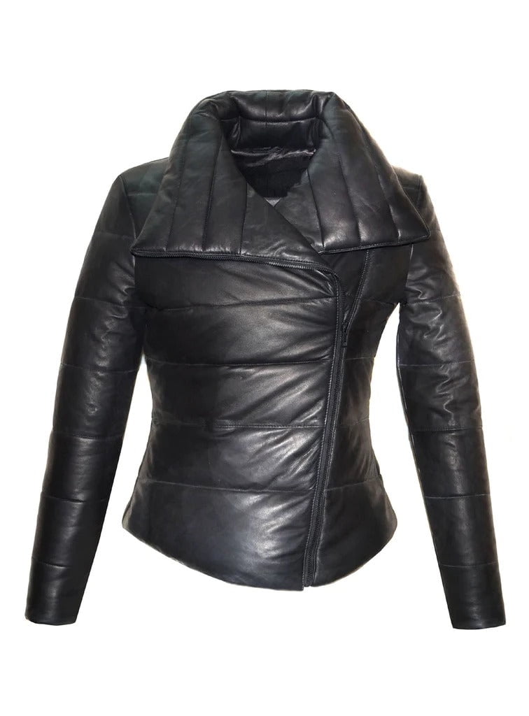 Noora Womens Black Leather Puffer Quilted Jacket With Side Zipper And Pocket Zip Up Leather