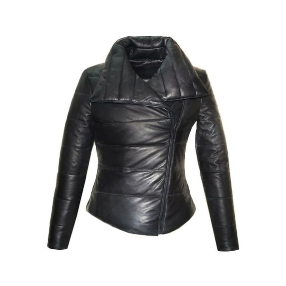 NOORA Womens Black Leather Puffer Quilted Jacket With Side Zipper & Pocket | Zip Up Leather jacket |