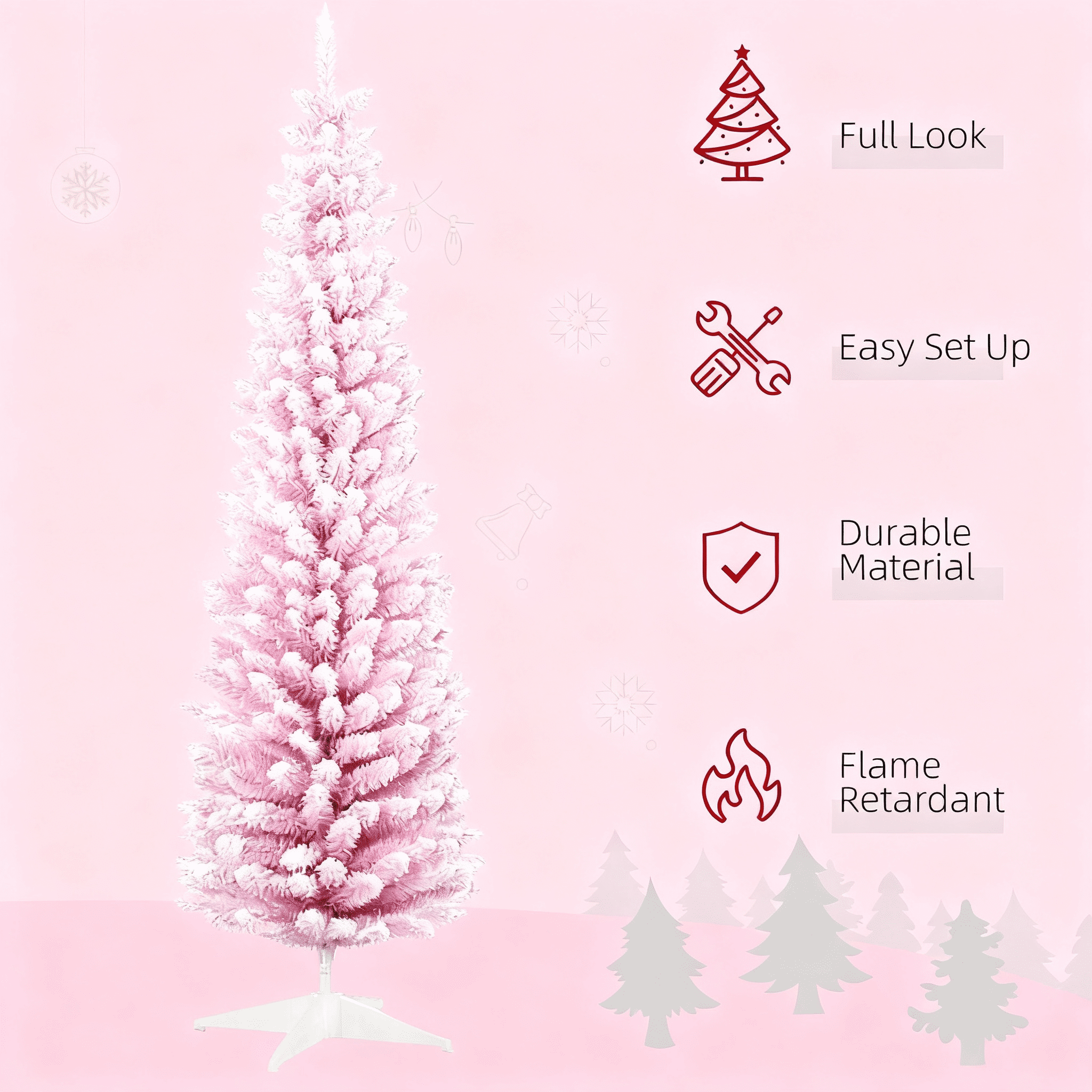 7ft Unlit Pink Snow Flocked Pencil Christmas Tree 499 Tips Flame Retardant Small Space Decor