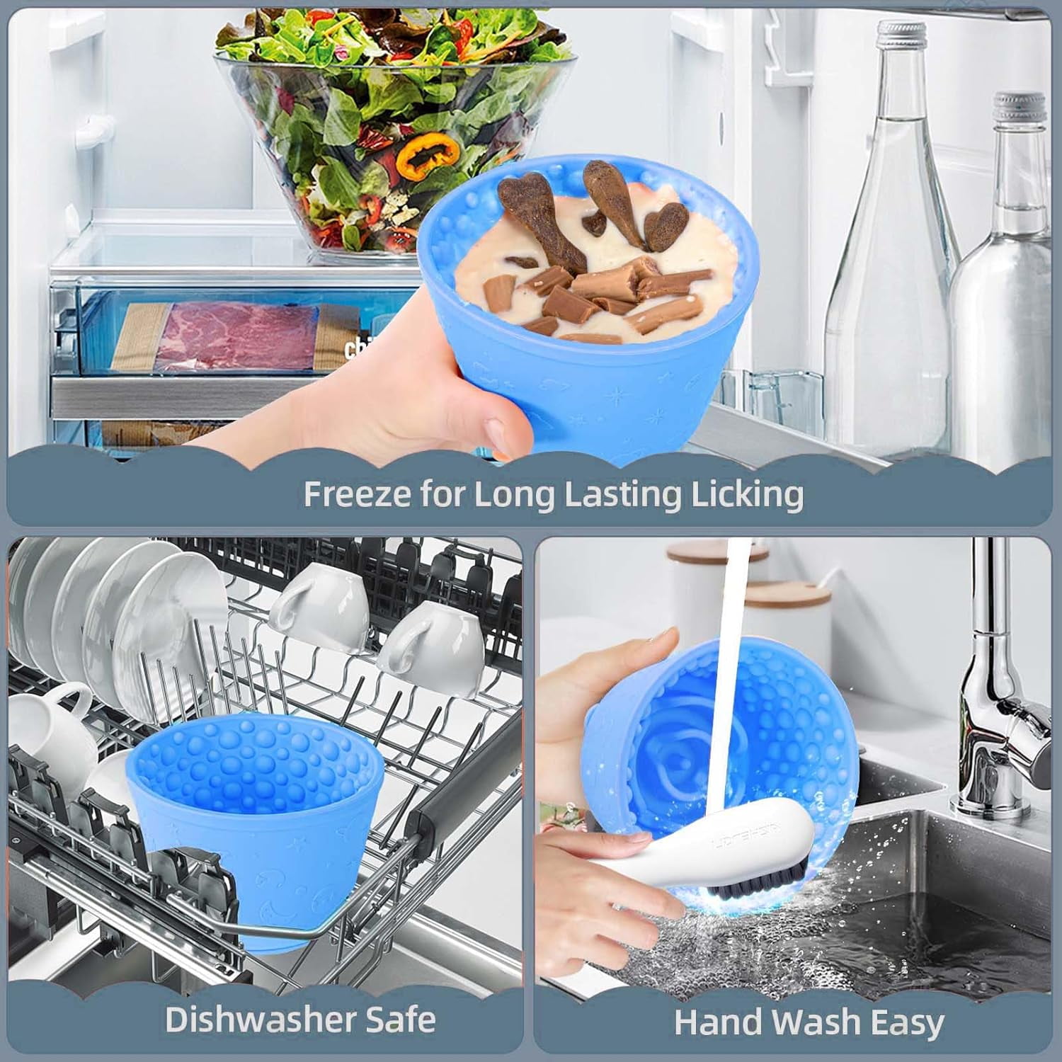 Dog Slow Feeder Lick Bowl, Non-Slip Licking Treat Dispenser, Slow Feeder Dog Bowls for Small Medium Large Breed Dogs, Anxiety Relief & Anti-Choking, BPA Free Silicone (Light Blue, 1.6 Cup)