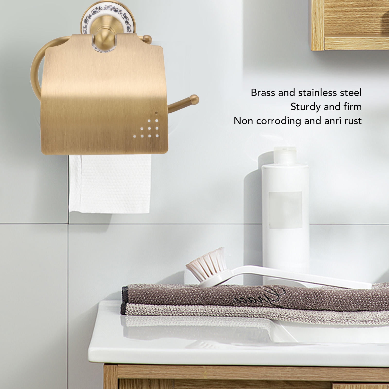 BIMZUC Vintage Blue & White Porcelain Toilet Paper Holder – Brass & Stainless Steel Wall‑Mounted Rack for Bathroom