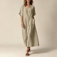 thumbnail image 2 of Horkkom Linen Dress Women Solid Color Crew Neck Short Sleeve Maxi Dresses Casual Flowy T Shirt Dress, S-2XL, 2 of 10