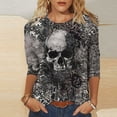 thumbnail image 2 of Uootdi Halloween Skull Distressed Shirts for Women Retro Button Crew Neck Long Sleeve Pullover Tops Fall Washed T-Shirts Multicolor Womens Tops, 2 of 5
