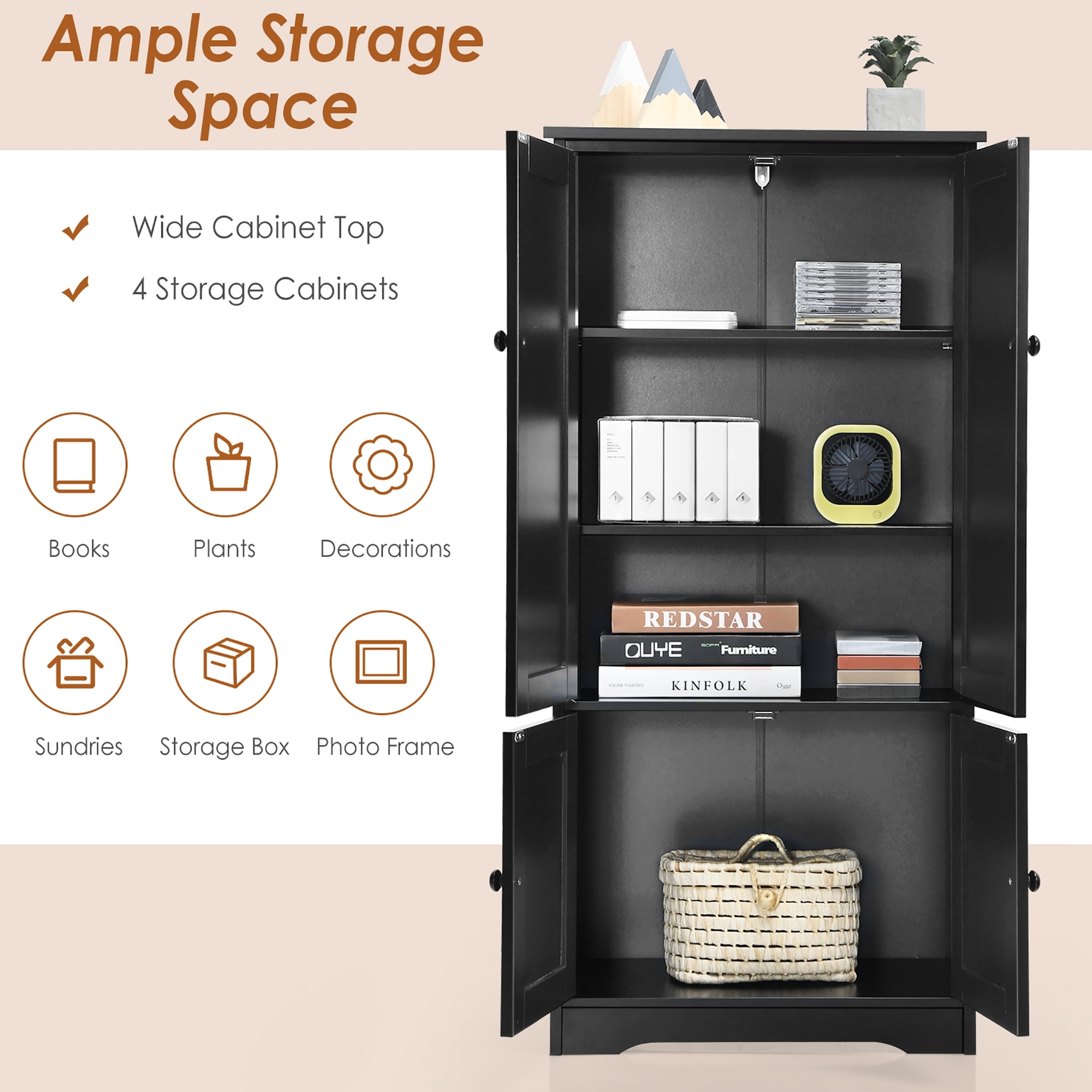 Costway Accent Floor Storage Cabinet W/ Adjustable Shelves Antique 2-Door Black