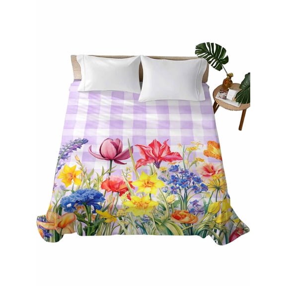 Purple Plaid Tulip Flat Sheets Only California King Size, Soft Breathable Bed Top Sheets for Mattress, Spring Floral Watercolor Botanical Bedding Flat Sheets for Home Hotel Bedroom Bed Protection