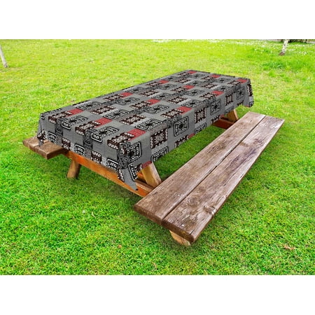 

Ethnic Outdoor Tablecloth Aztec Ornament Lace Folkloric Circle Shapes Square Forms Retro Artwork Decorative Washable Fabric Picnic Table Cloth 58 X 84 Inches Grey Vermilion Brown by Ambesonne