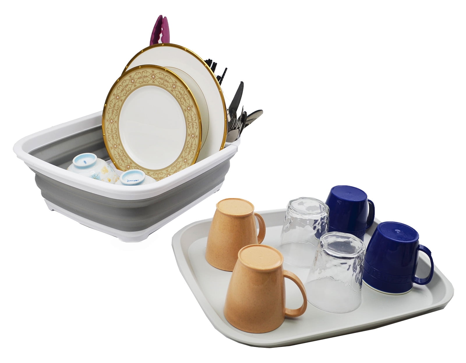 SAMMART 8L (2.11Gallons) Collapsible Plstic Dish Drainer with Drainer Board - Foldable Drying Rack Set - Portable Dinnerware Organizer - Space Saving Kitchen Storage Tray