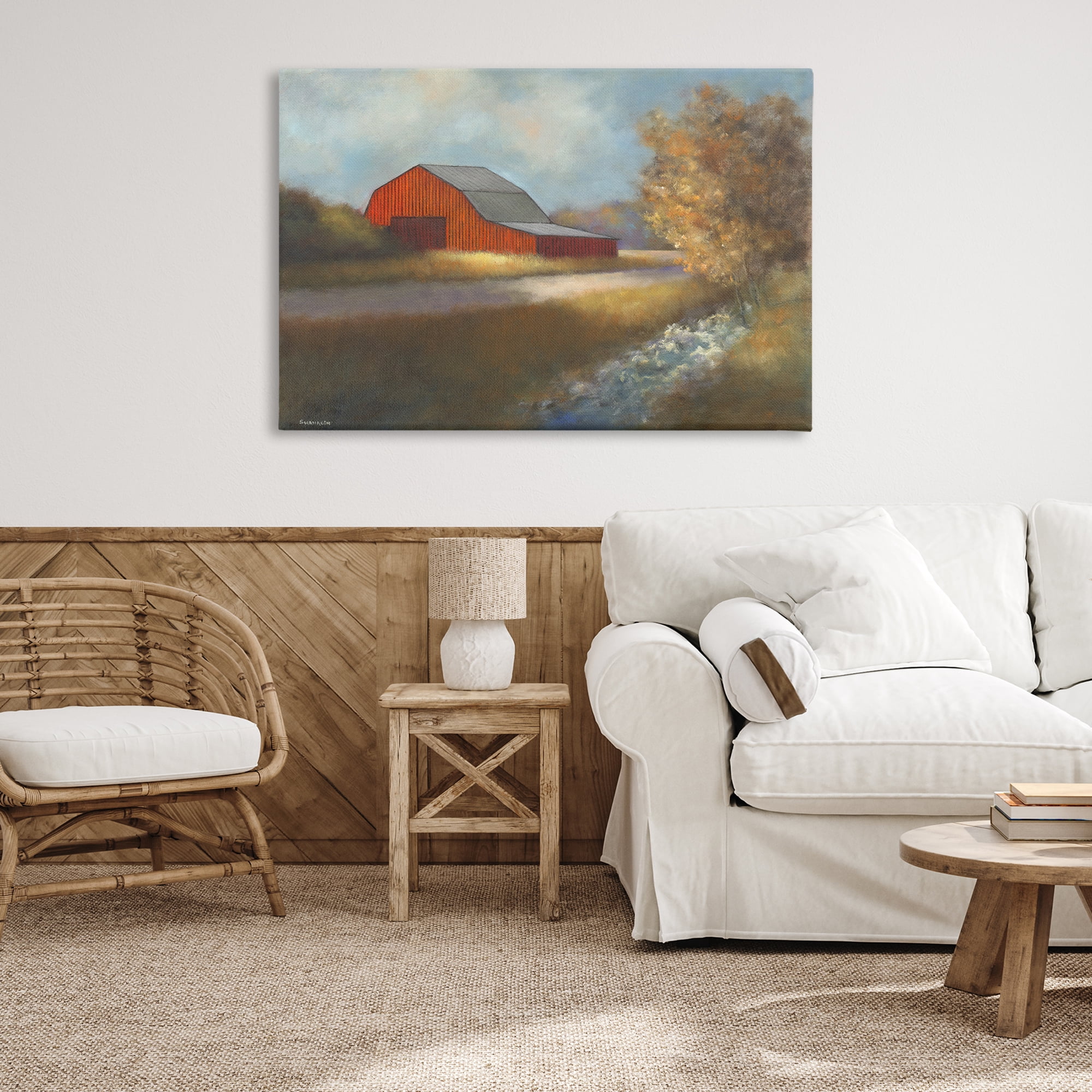 Stupell Industries Traditional Red Barn Landscape Painting Gallery Wrapped Canvas Art Print Wall Art, 45 x 30