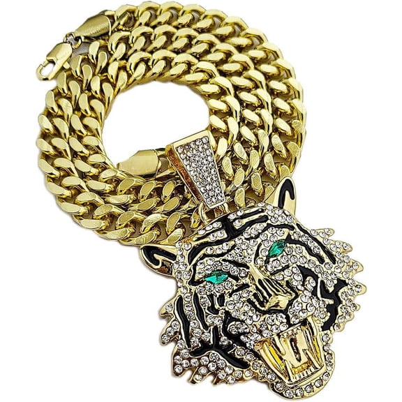 Hip Hop Iced Gold Plated Cubic Zirconia Large Tiger Head Bling Pendant & 10mm 20" Cuban Chain Rapper Jewelry Necklace Luxury Gift
