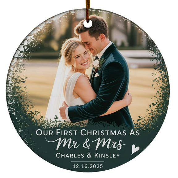 Our First Christmas As Mr & Mrs Glass Ornament 2025, Photo Mr & Mrs Christmas Ornaments Gift for Newlyweds Wedding Anniversary