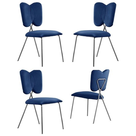Chaises Latérales Ailées avec Velours Bleu Marine et Base Chromée Argentée (Ensemble de 4)