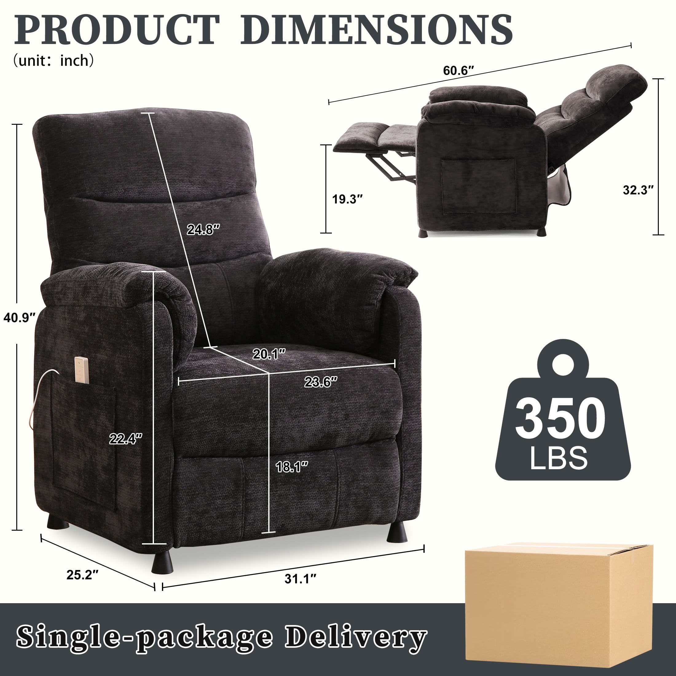 Power Recliner Chair Living Room with Adjustable Backrest and Footrest, Electric Recliner Chair for Adults(Chenille, Black)