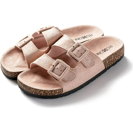 

Roxoni Women Comfort Sandals Double Buckle Adjustable EVA Flat Slides Footbed Suede with Arch Support Non-Slip Rose