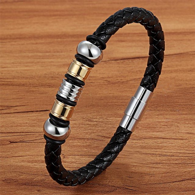 TYO moda acero inoxidable encanto magnético negro hombres pulsera cuero genuino trenzado Punk Rock brazaletes accesorios de joyería Tan Jianjun unisex