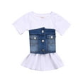 thumbnail image 1 of Xingqing Robe Ample à Manches Courtes pour Bébé Fille en Denim avec Poche Poitrine et Gilet Enveloppant, 1 of 10