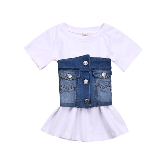 Xingqing Robe Ample à Manches Courtes pour Bébé Fille en Denim avec Poche Poitrine et Gilet Enveloppant