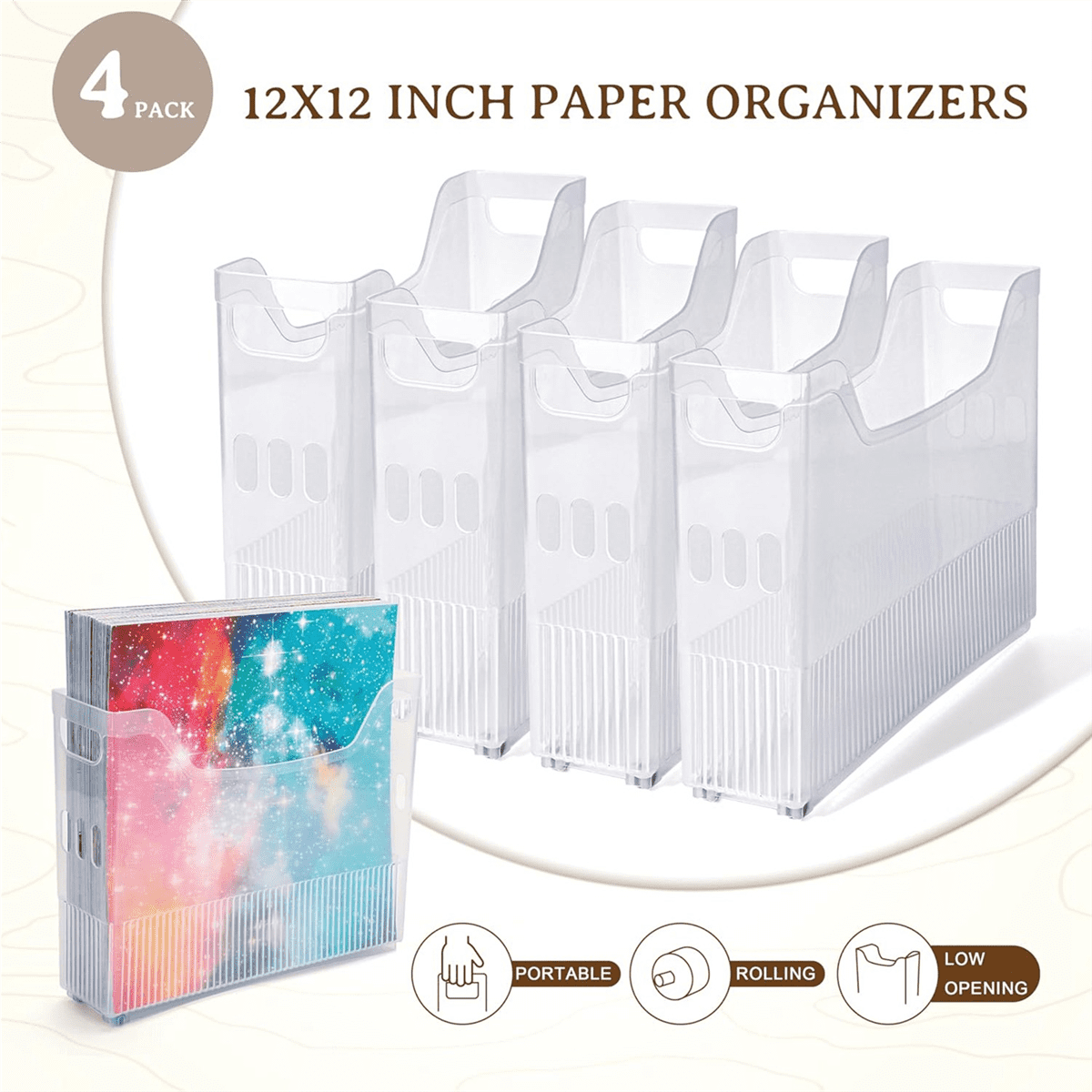 4x Scrapbook Paper Storage with Wheels,Plastic Scrapbook Storage Bin for Holding 12 inch x 12 inch Paper,Scrapbook Paper