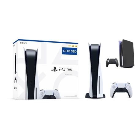Sony PlayStation 5 Upgraded 1.8TB PCIe Gen 4 NVNe SSD Gaming Console Disc Drive Version, Controller Mytrix Customized Full Body Skins - Phantom Black - PS5 Disc Version JP Region Free