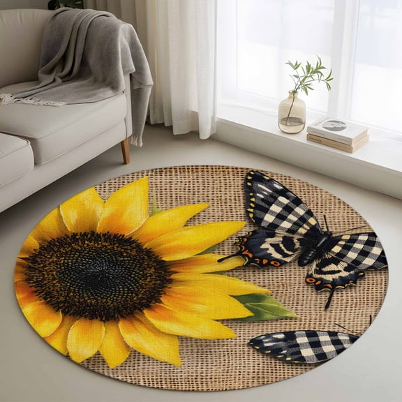 Sunflower Round Rug 3ft Washable Circle Entryway Rugs Non Slip Vintage Summer Floral Elegant Rustic Area Rug Indoor Floor Carpet for Bedroom Kitchen Living Room Home Office Dining Room Nursery